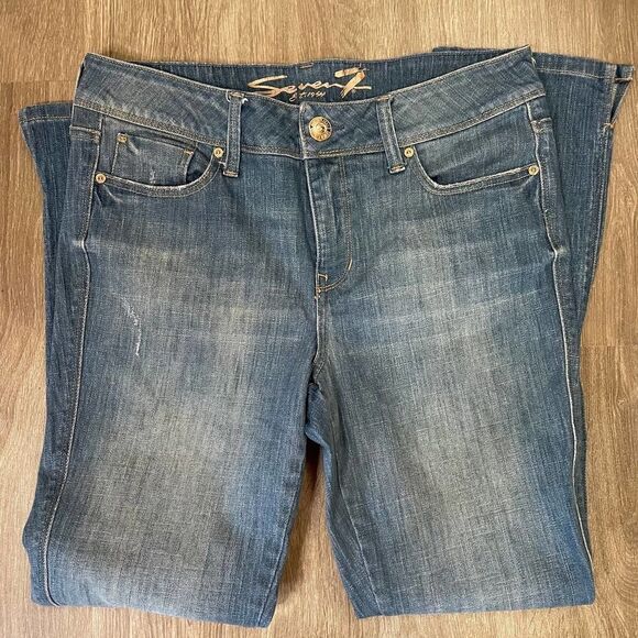 Seven 7 Jeans Mid Rise Slim Straight Lightly Distressed Medium Wash Size 8 - Picture 1 of 7